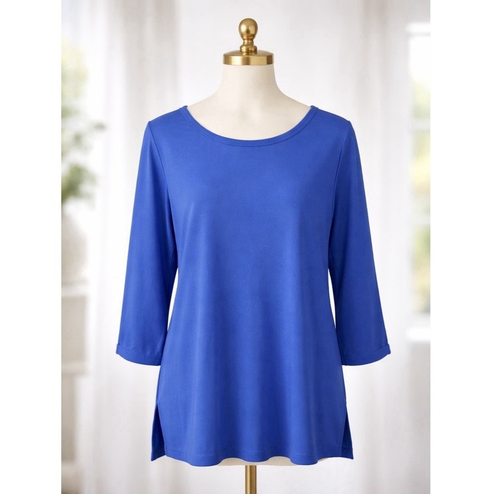 Susan Graver Liquid Knit Tunic Top Open 3/4 Sleeve Bateau Neck Blue Size XL